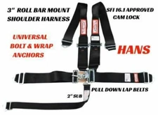 OFF ROAD RACING UNIVERSAL HANS 3" RACE HARNESS SFI 16.1 5 POINT LATCH BLACK