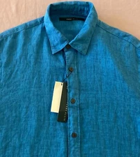Men's PERRY ELLIS Mykonos Blue Linen Short Sleeve S/S Shirt Small S NWT NEW NiCe