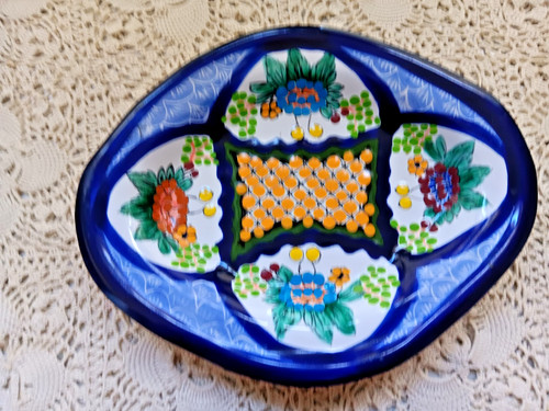 Colorful Mexican Hand Painted Signed Floral Art Pottery Bowl Trinket Dish