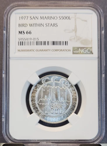 1977 SAN MARINO SILVER 500 LIRE BIRD WITHIN STARS NGC MS 66 GEM BU TOP POP
