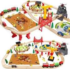 118Pcs Wooden Train Set for Kids, Wood Train Track Set Train Railway Accessor...
