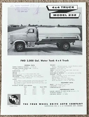 FWD 4X4 TRUCK USA Commercial Einzelblatt Verkaufsliteratur JUN 1957 MODELL 232