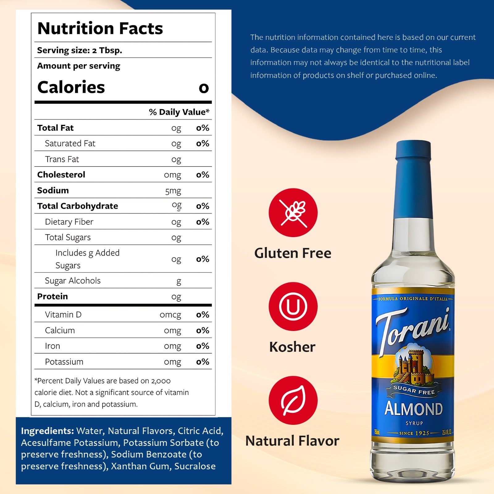 Torani Sugar Free Syrup, Almond, Zero Calorie, Pump Included, 25.4 Fl Oz