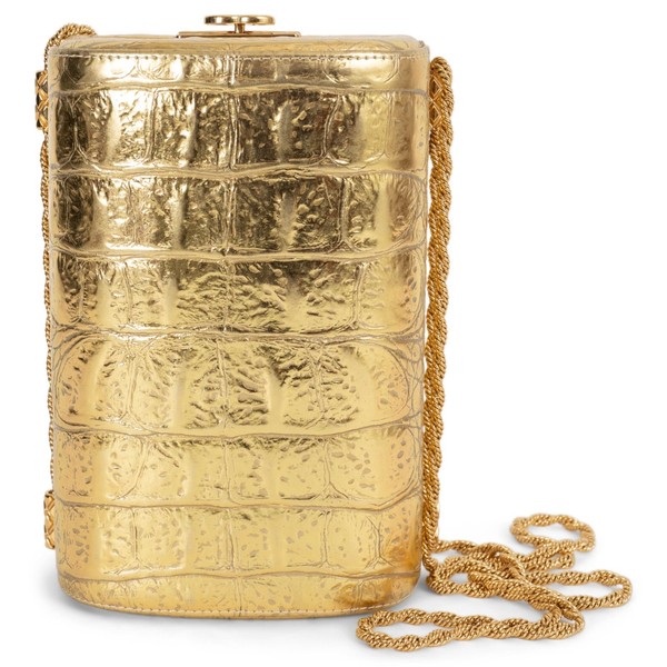 72964 authentic CHANEL Metallic Gold Leather 19A New York Croc Box Minaudiere Bag