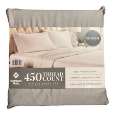 Member's Mark 450-Thread-Count Solid 4 Piece Sheet Set Soft Silver, Queen