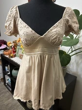 Vtg Bebe Y2K Gold Silk & Cotton Babydoll Top W/ Eyelet Lace Size XS Coquette 