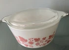 Vtg Pyrex Pink White Gooseberry Round 1 1/2 Qt Casserole Dish Lid 474-C Handles