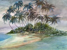 AGNES TAIT ORIGINAL PAINTING TROPICAL ISLAND BEACH SCENE COASTAL LANDSCAPE RARE