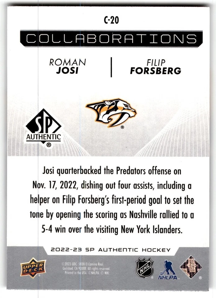 2022-23 SP Authentic Collaborations Roman Josi/Filip Forsberg #C-20 - Image 2 of 2