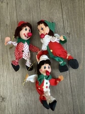 Vintage Christmas Ornament Set bendy Elf Clowns Big Red Nose Creepy Clown 3 Pc