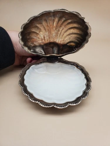 Vintage Silver Plated Clam Shell Caviar / Butter Dish with Milk Glass Insert