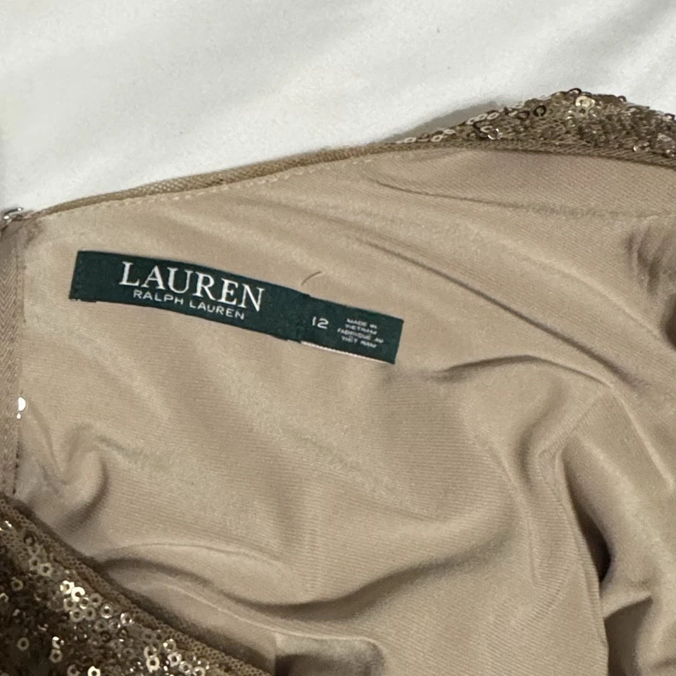 Ralph Lauren Gold Long Sleeve Sequin Dress Size 12 Cocktail Party - Image 2 of 4