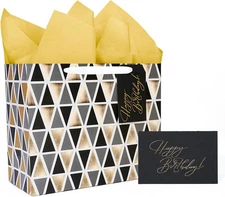LaRibbons 13" Large Happy Birthday Gift 13 x 10.5 x 5.5, Black Gold Geometry 