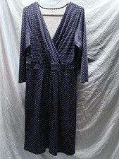 Talbots Dress Womens 10 Midi Faux Wrap PolkaDot Navy Flare  Long Sleeves Stretch