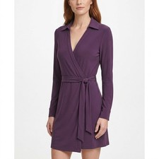 Calvin Klein Wrap Dress Long Sleeve Knit Collared Stretch Women Size 4