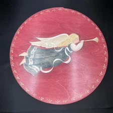 Vintage Hand-Painted Wooden Round Hat Trinket Gift Box w/Christmas Angel Lg. 10"