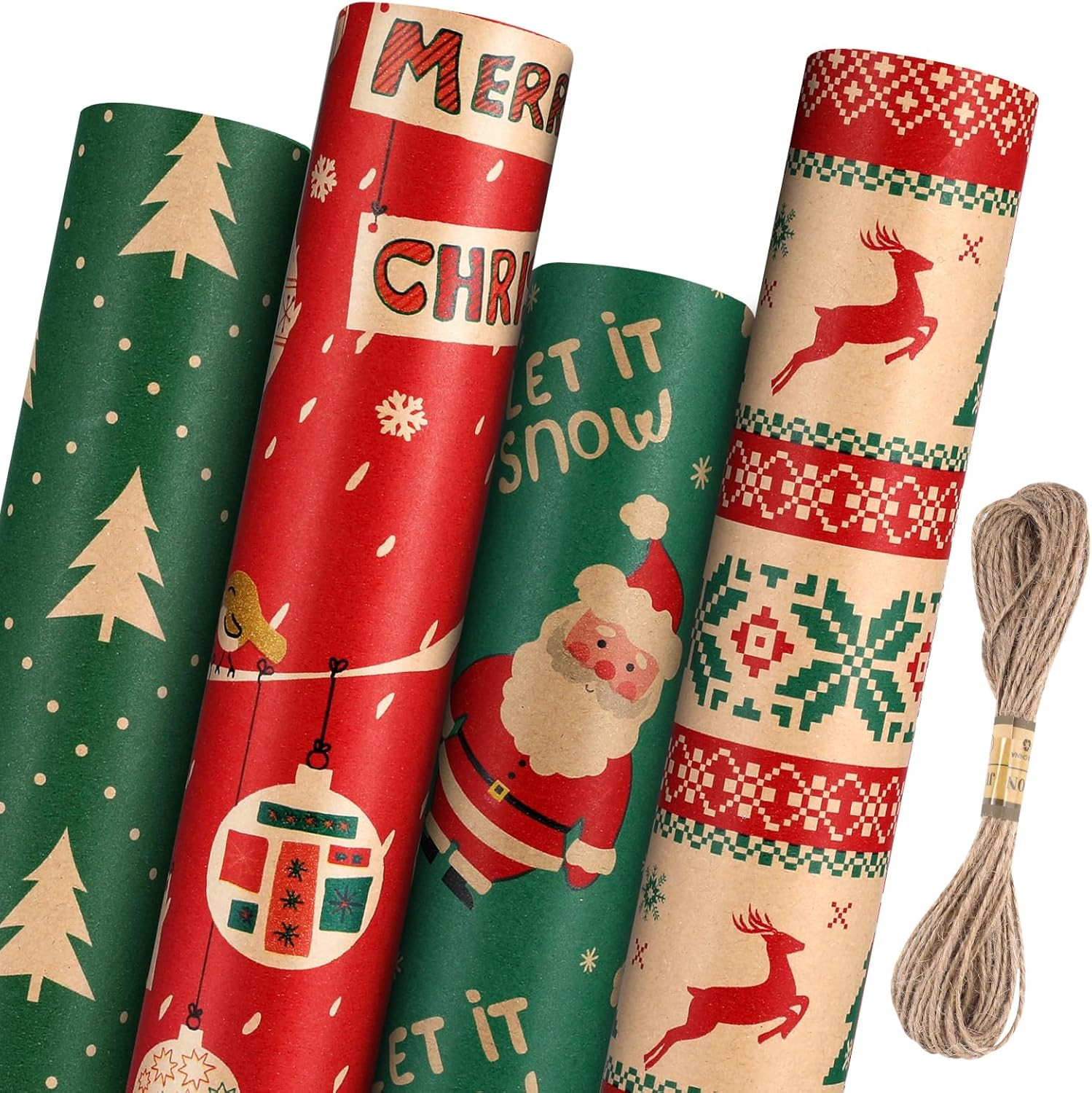 Jumbo Rolls, Holiday Gift Kraft Wrap Paper For Kids Adults, 4 Rol