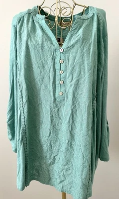 Democracy Peasant Boho Knit Top Blouse Shirt Embroidered Green Teal Plus 3X - Image 1 of 4