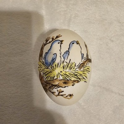 Hand Painted Egg Shell With Bluebirds In Nest Painted In Japan Lucky Egg