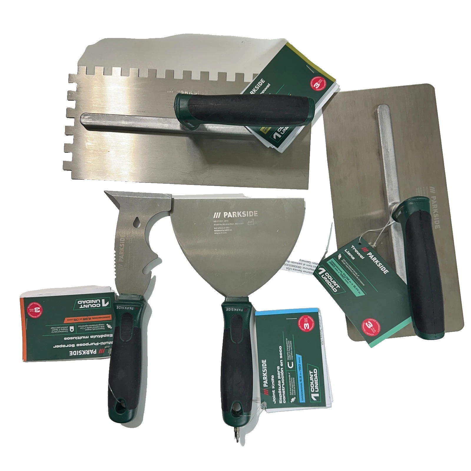 Parkside 4pc Trowel & Scraper Set - Joint Knife, Multi-Tool & Serrated Trowels