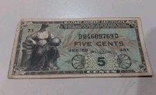 USA MPC Series 481 5 Cents Plate 73 Military Payment Certificate Money