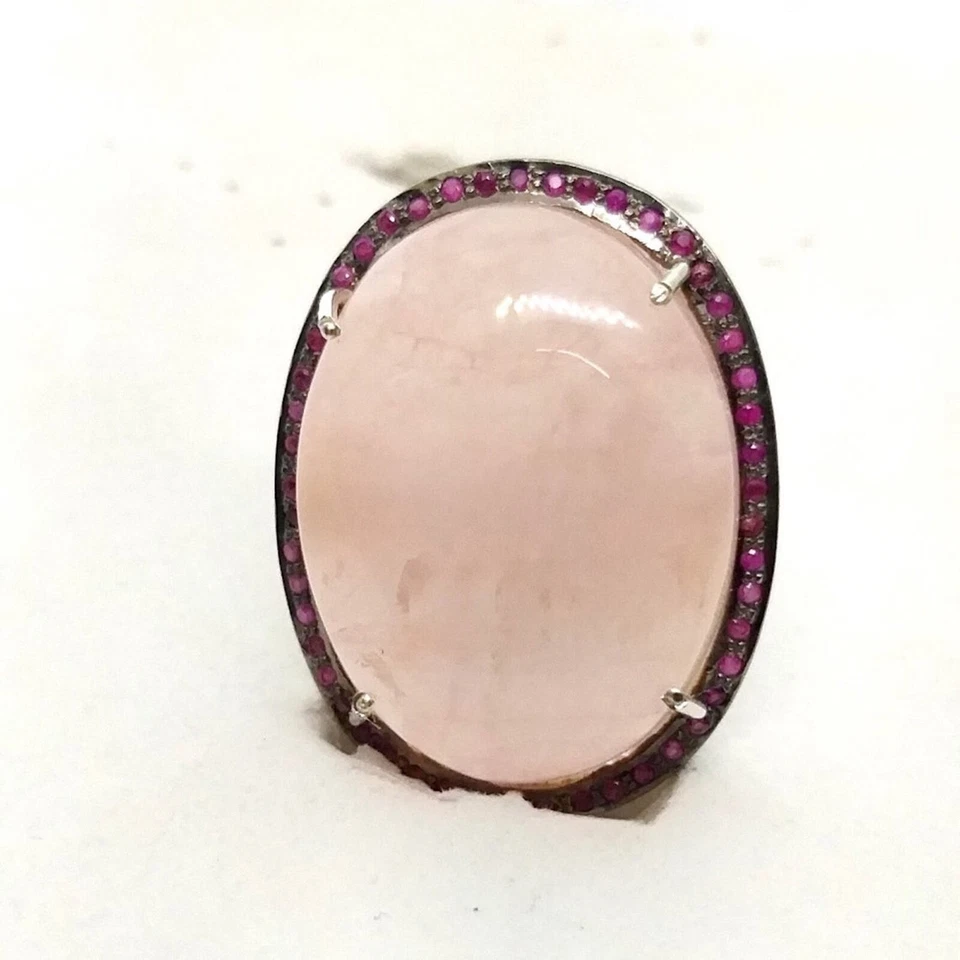 Anillos de cóctel de cuarzo rosa, anillos de plata de ley 925 con piedras preciosas para ella Foto 3 de 4