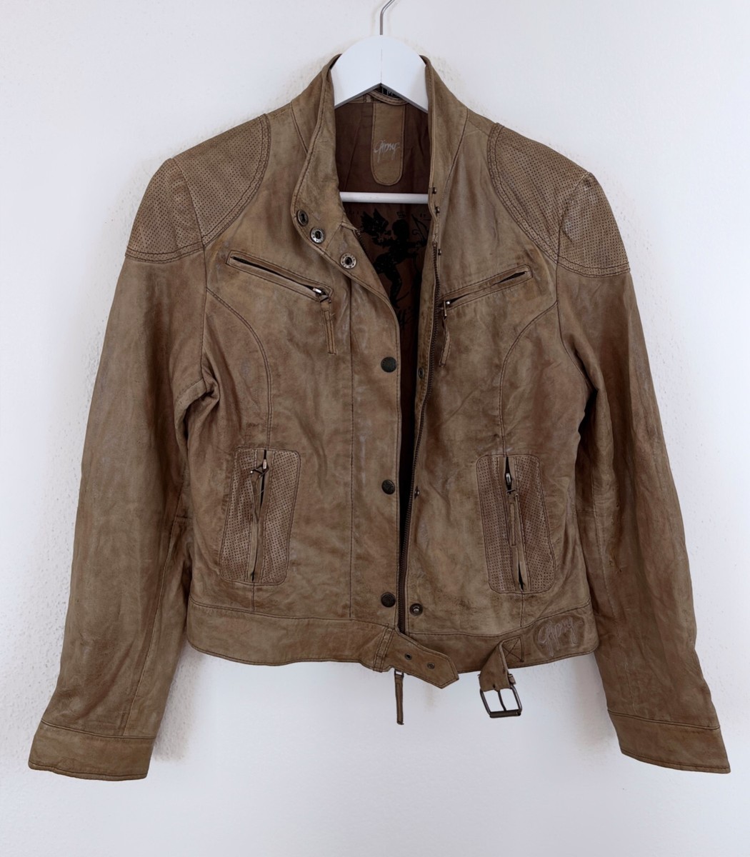 Rare Y2K Women's GIPSY By Mauritius Leather Biker Jacket Beige