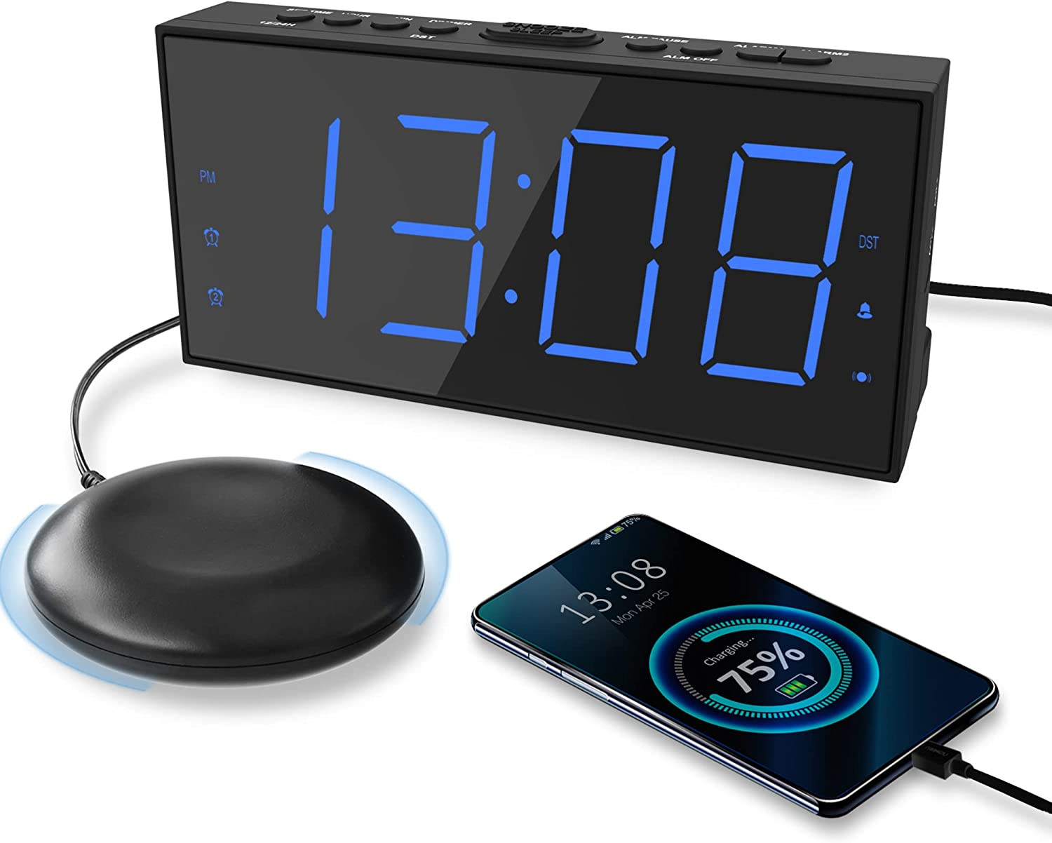 Loud Alarm Clock With Bed Shaker Vibrating Heavy Sleepers Hearing Impaired NEW 