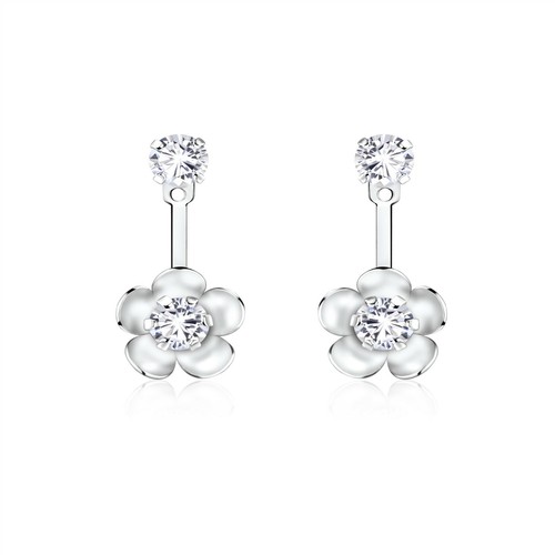 925 Sterling Silver Clear CZ Cubic Zirconia Medium Flower Ear Jacket Earrings - Bild 2 von 3