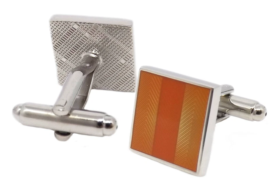 Gemelos modernos de regalo de boda de esmalte cuadrado naranja para hombre en caja de regalo personalizada Foto 3 de 4