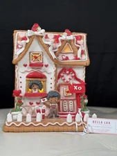 10” Bella Lux Light Up Valentine's Pink & Red Gingerbread House W/Boy & Girl