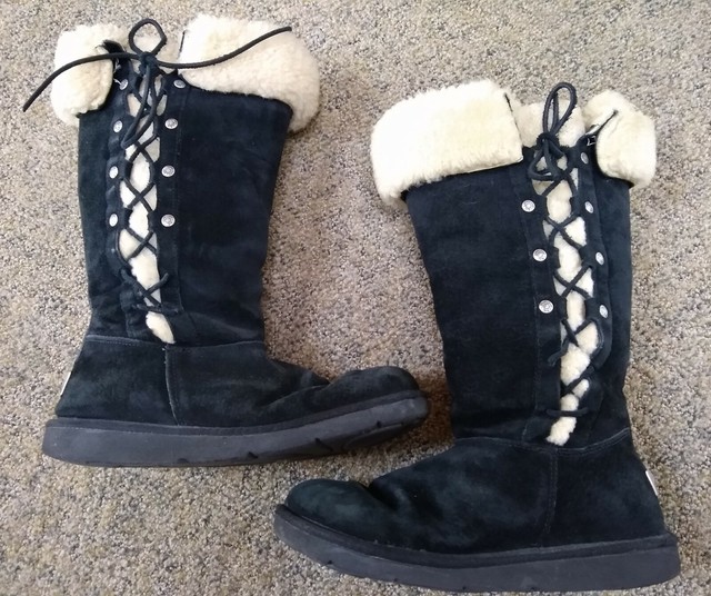 UGG Australia Upside Black Suede Knee High Lace-up Sheep Fur Lined Boots 8 | eBay