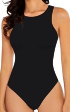 New Women's F2CLO Bodysuit black Sleeveless Snap Bottom Scoop Neck Size: L