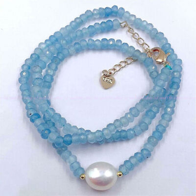 2x4mm Faceted Blue Aquamarine 11-12 Mm White Baroque Pearl Necklace 18''