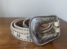 Nocona Belt Cream Silver Western Buckle Silver Studs Rhinestones 33  