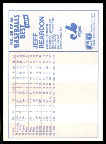 1986 Fleer Sluggers vs. Pitchers Jeff Reardon A BaseBall Cards #26 - Picture 2 of 2