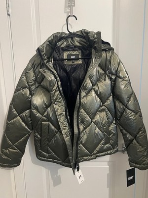 DKNY Size Medium Women's Diamond Quilted Hooded Puffer Coat Olive $280