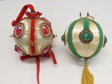 VTG Beaded Push Pin Jewels Velvet 3" Balls Christmas Ornament Lot Ric Rac D3223