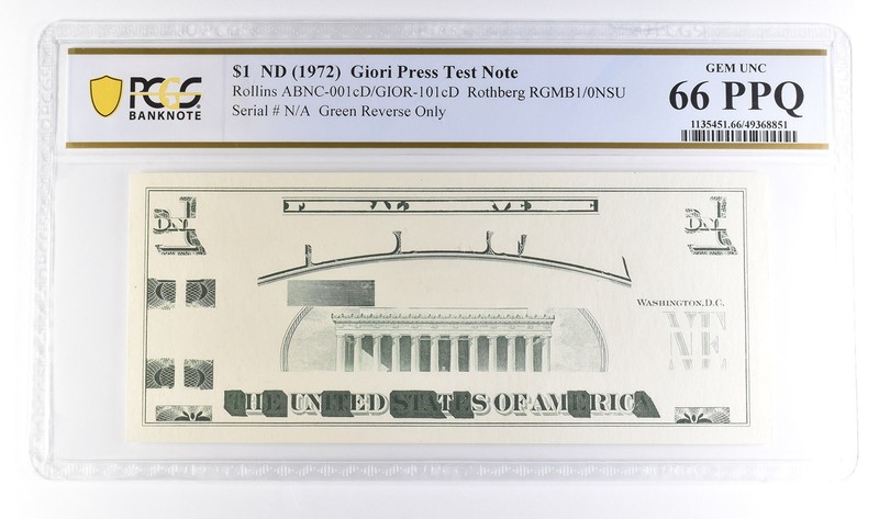 (1972) $1 Giori Press Test Note Green Reverse Only Gem Unc 66 PPQ PCGS a6127