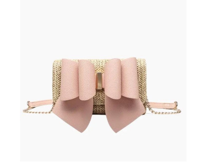LIKE DREAMS Bonnie bowtie straw mini crossbody bag wallet -Pink / Natural