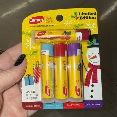 Carmex Christmas Lip Balm 4pc Set Merry Berry Sugar Cookie Candy Cane Sugar Plum
