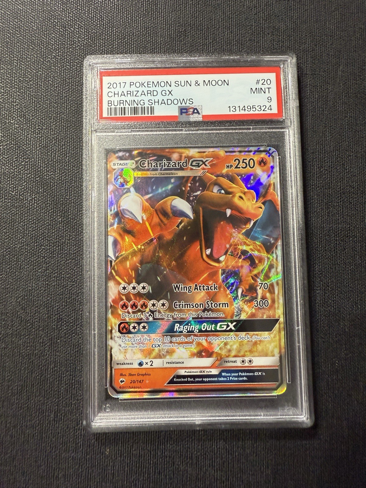2017 Pokémon Sun & Moon Burning Shadows Charizard GX #20 PSA 9 MINT Graded Holo