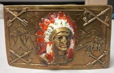 Vintage Antique Native Am Indian Chief Brass Belt Buckle ROBBINS CO THORESEN