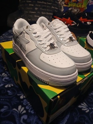 A Bathing Ape BAPE STA White Gray Low Top Lace Up Athletic Sneakers