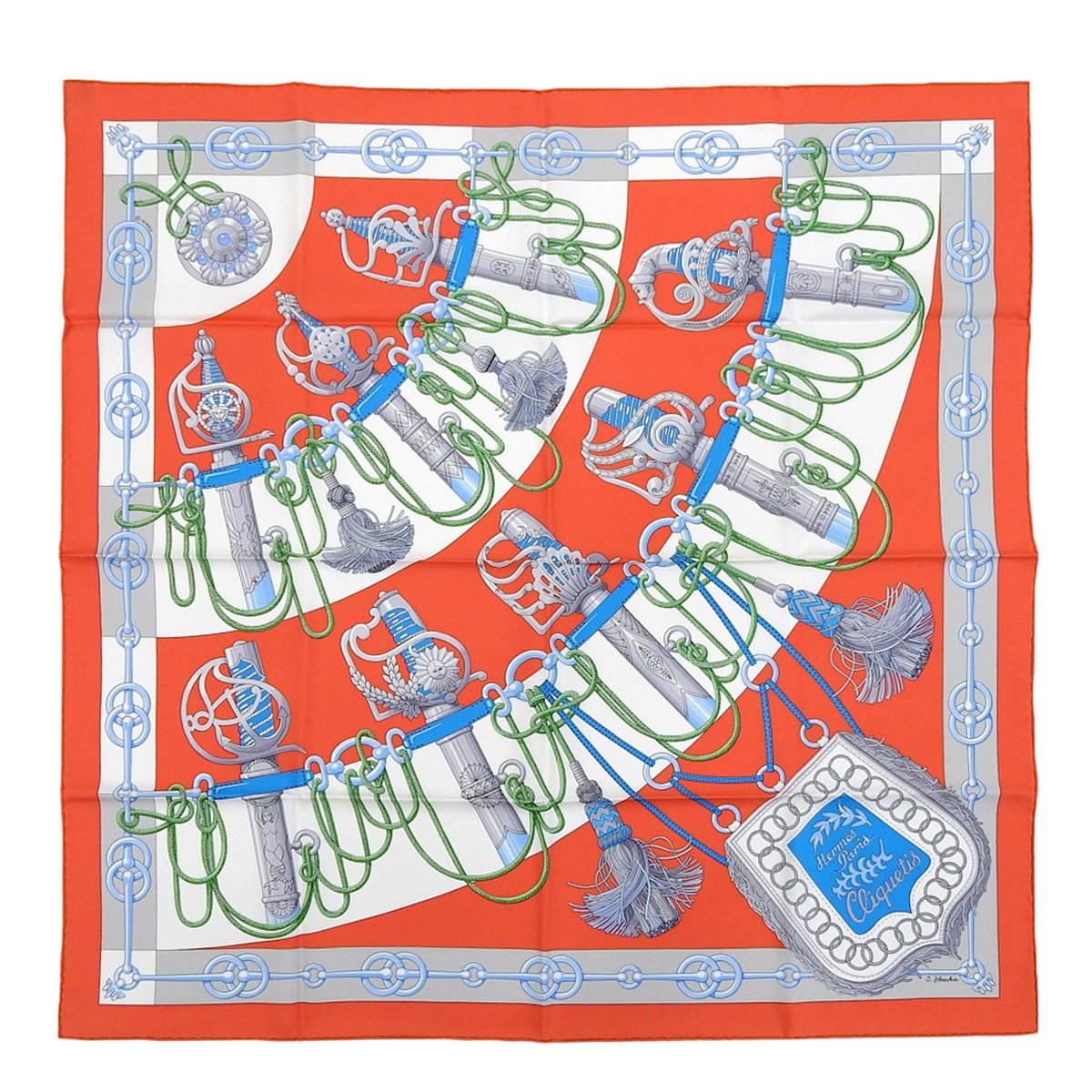 Hermes 100% Silk Scarf Carre 90 Cliquetis Sword Pattern Red 8450