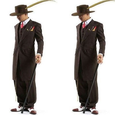 Black Men's Zoot Suits Pinstriped Wedding Tuxedo Evening Party Prom Long Coats