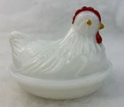 Vintage Hazel Atlas Hen On Nest White Opaline Milk Glass Lidded Candy Dish 1940s