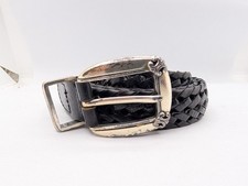 Vintage FOSSIL Black Braided Leather Belt Sz Medium Silver Accents Buckle FLAWED