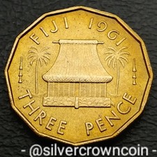 Fiji 🇫🇯 3 Pence 1961. KM#22. Threepence coin. Native Dwelling. Palms. 3d.