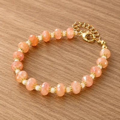 Bracelet femme grosses perles rondes plates orange réglable fait main doré - Photo 1/2
